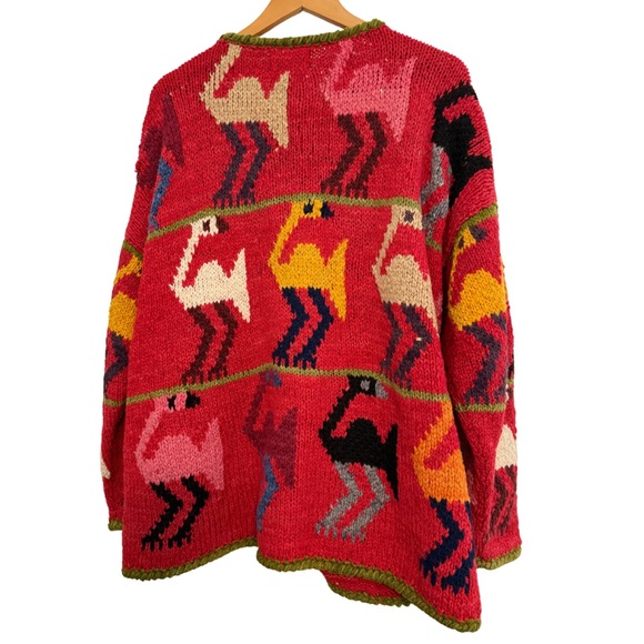 Vintage Amano London Boxy Oversized Cardigan Size XL Red Wool Flamingo Sweater - Picture 2 of 8
